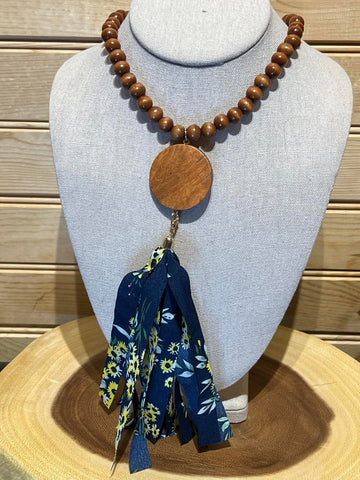 Wood Bead Disc Tassel Necklace with Blue with Sunflowers - #9