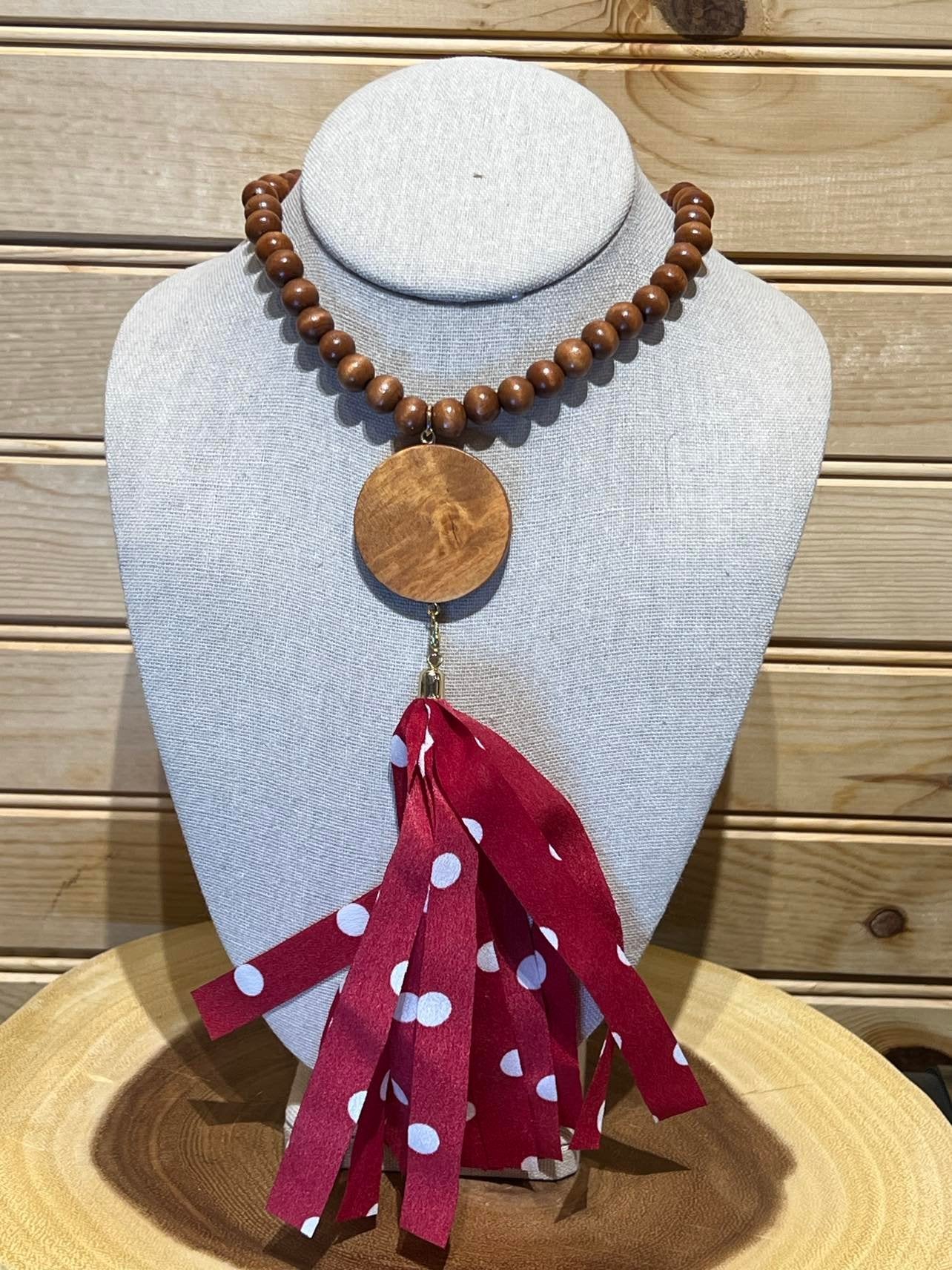 Wood Bead Disc Tassel Necklace with Dark Red Polka Dot - #13