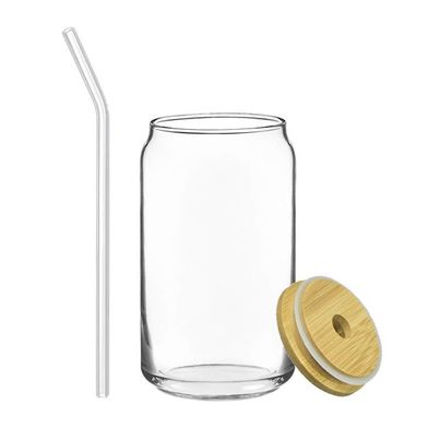 Clear Glass Can with Bamboo Lid and Glass Straw - 16 oz