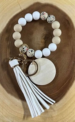 Silicone Bead with Wood Disc and White Tassel - White and Tan - BK48