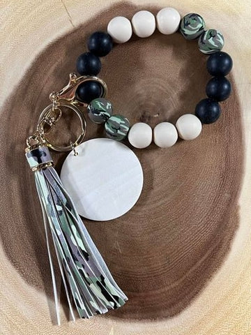 Silicone Bead with Wood Disc and Tassel - Camo - BK47