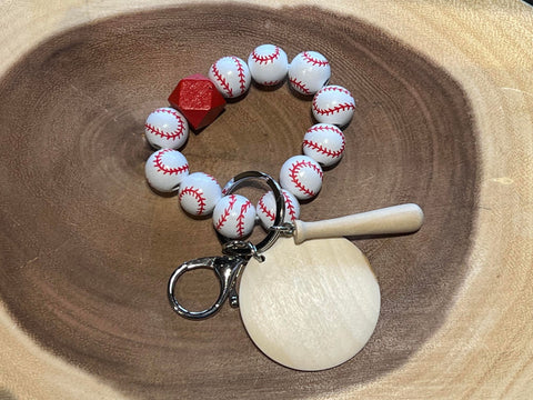 Youth Wood Baseball, Wooden Bat and Red Bead with Monogram Wood Disc Bead Bracelet Keyring