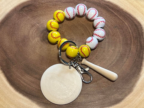 Youth Wood Baseball/Softball, Wooden Bat and Red Bead with Monogram Wood Disc Bead Bracelet Keyring