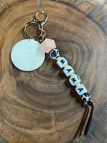 Mama Silicone Bead Keyring. Pink / Leopard with Monogram Circle