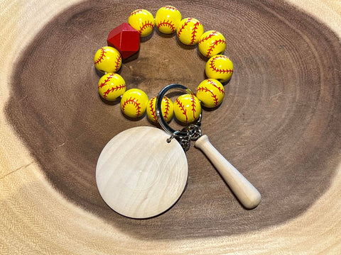 Youth Wood Softball, Wooden Bat and Red Bead with Monogram Wood Disc Bead Bracelet Keyring