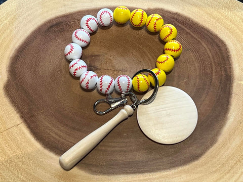 Adult Wood Baseball/Softball, Wooden Bat and Red Bead with Monogram Wood Disc Bead Bracelet Keyring