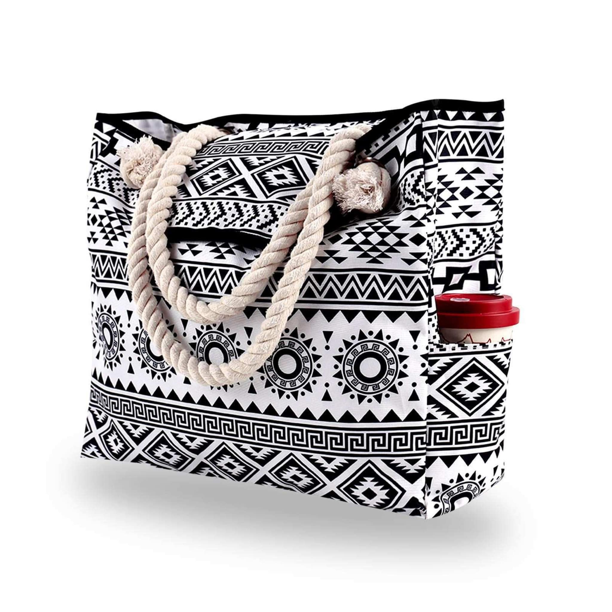 Canvas Beach Bag with Rope Handles - Black and White Aztec