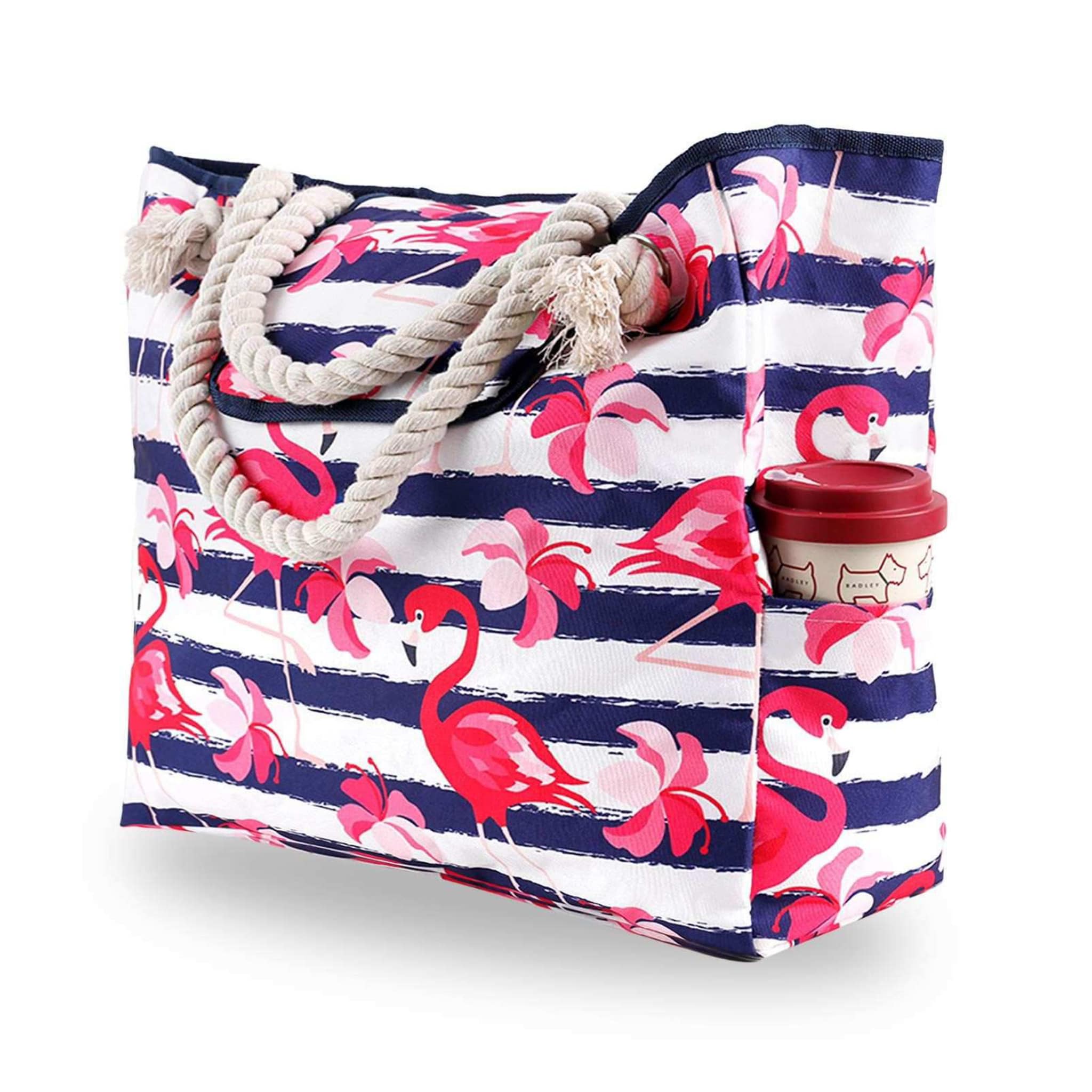 Canvas Beach Bag with Rope Handles - Flamingos