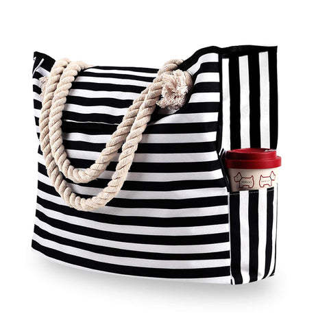 Canvas Beach Bag with Rope Handles - Black Stripe