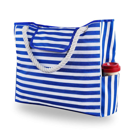 Canvas Beach Bag with Rope Handles - Blue Stripe