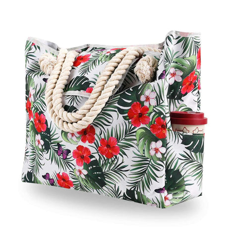 Canvas Beach Bag with Rope Handles - Palm and Red Flowers