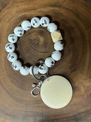 Wood Cheer with Monogram Wood Disc Bead Bracelet Keyring
