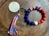 Silicone Bead with Monogram Wood Disc Bracelet Keyring - American Flag