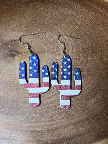 Light Wood Earrings - Cactus and American Flag