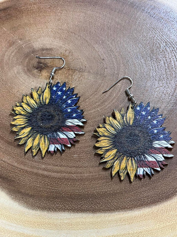 Light Wood Earrings - Sunflower and American Flag