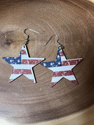 Light Wood Earrings - Star American Flag