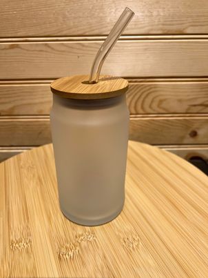 Frosted Glass Can with Bamboo Lid and Glass Straw Sublimation Can - 16 oz