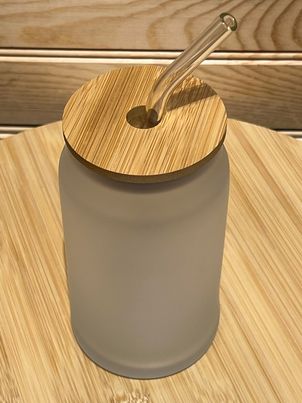 Frosted Glass Can with Bamboo Lid and Glass Straw Sublimation Can - 16 oz