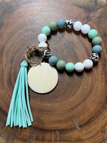Grey, Jade and Mint with White and Leopard Silicone Bead Bracelet Keyring