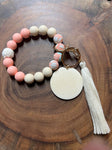 Peach and Tan with Floral Silicone Bead and one thread bead Bracelet Keyring