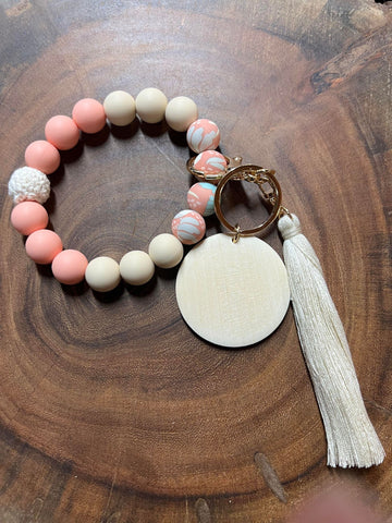 Peach and Tan with Floral Silicone Bead and one thread bead Bracelet Keyring