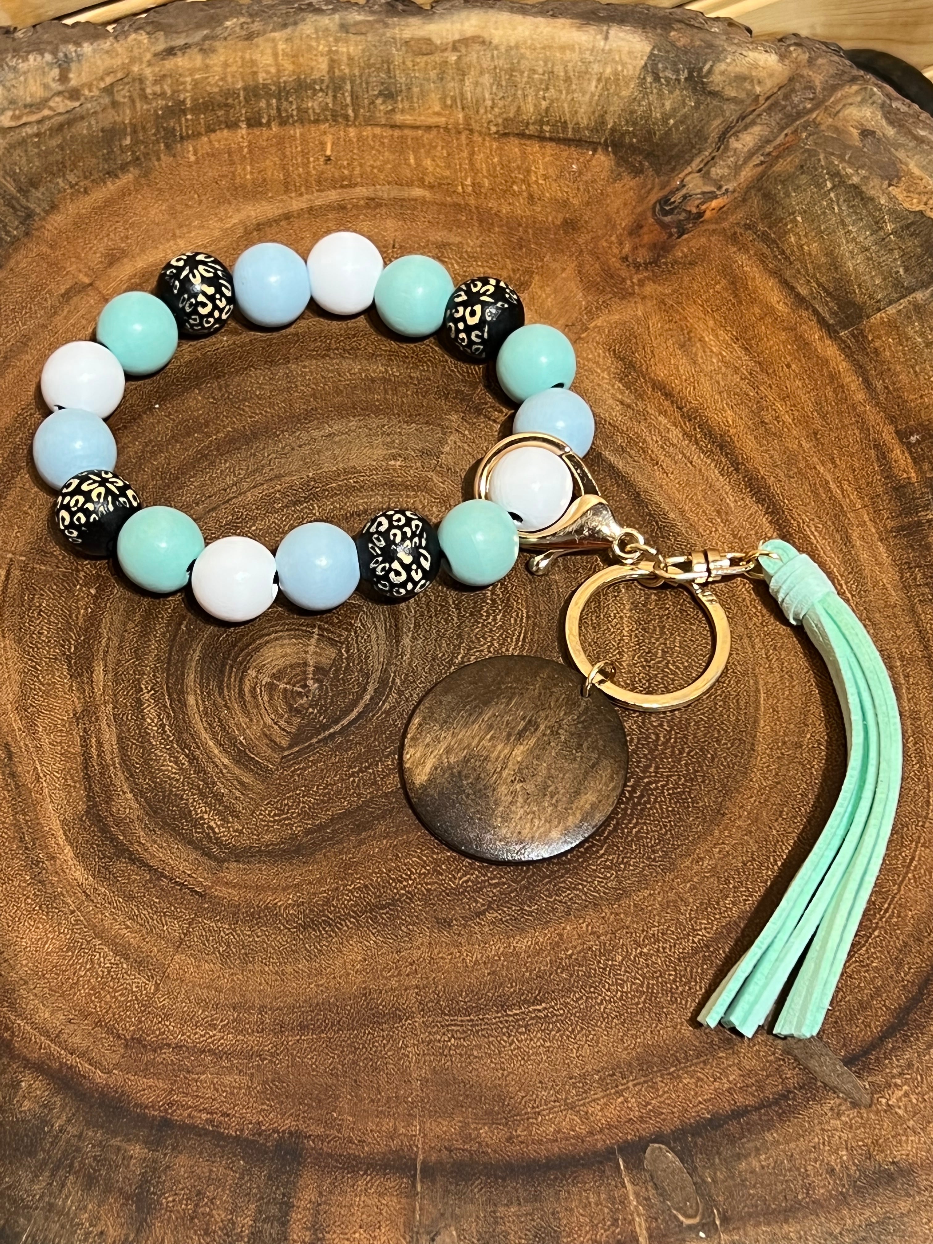 Leopard and Teal Wood Bead Keyring with Wood Disc and Tassel Bracelet - BK43