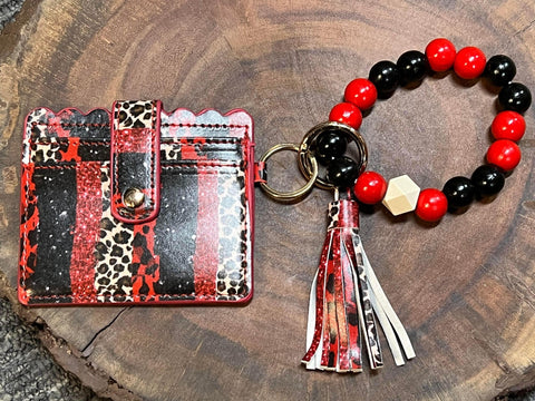 Wood Bead Bangle with Vegan Leather Credit Card - VBCC - Red / Black / Leopard