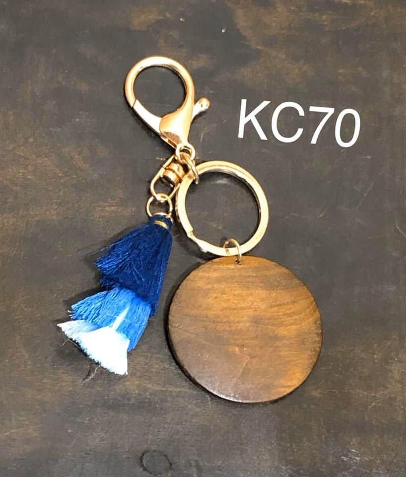 Wood Disc with Triple Tassel keyring - Navy / Blue / Lt Blue