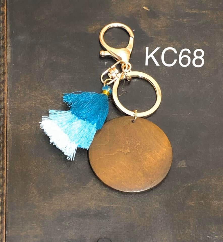 Wood Disc with Triple Tassel keyring - Teal / Turquoise / Aqua