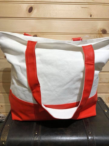 Lined Canvas Tote with Red Vegan Leather Bottom.