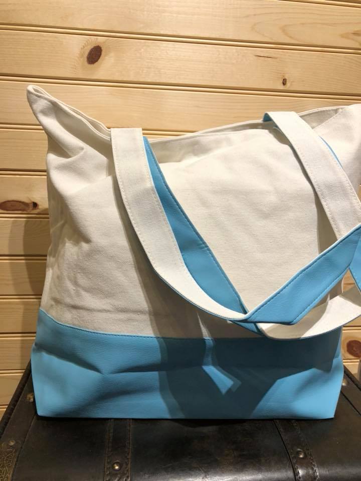 Lined Canvas Tote with Lt Blue Vegan Leather Bottom.