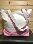 Lined Canvas Tote with Pink Vegan Leather Bottom.