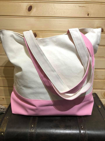 Lined Canvas Tote with Pink Vegan Leather Bottom.