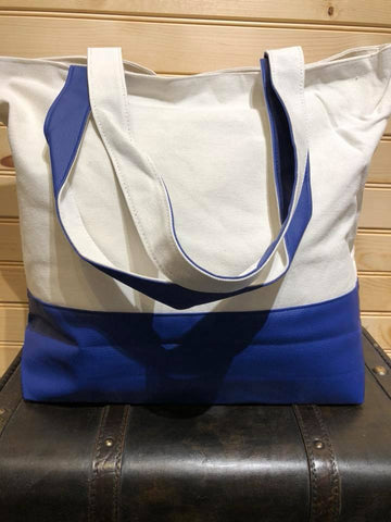Lined Canvas Tote with Royal Vegan Leather Bottom.