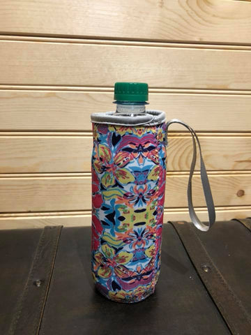 Neoprene Water Bottle Sleeve with Wrist Strap - Blue / Yellow / Pink