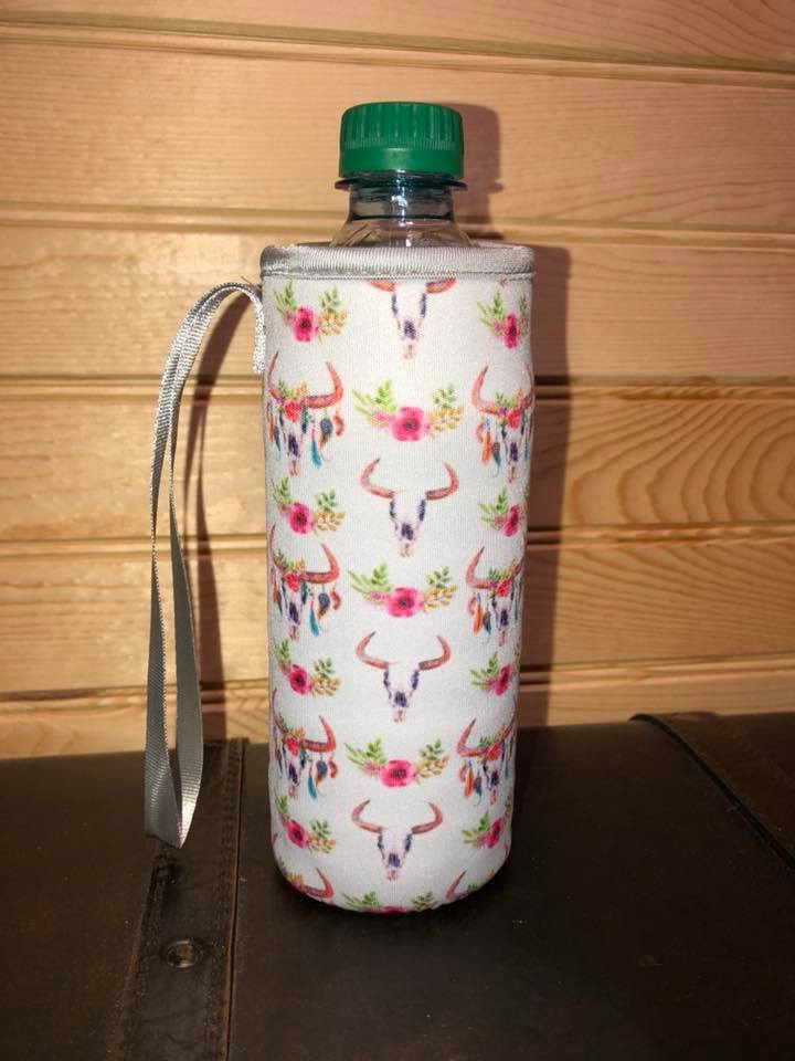 Neoprene Water Bottle Sleeve with Wrist Strap - Bull Skull