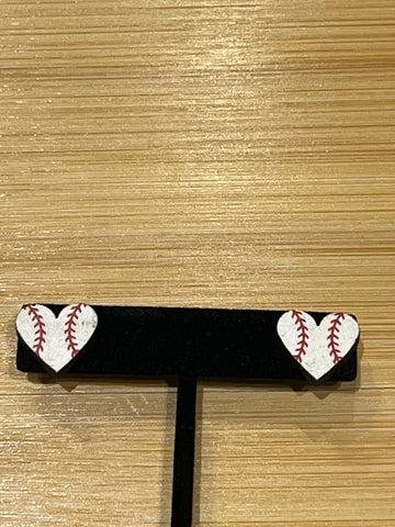 Wood Earrings - Baseball (Heart)