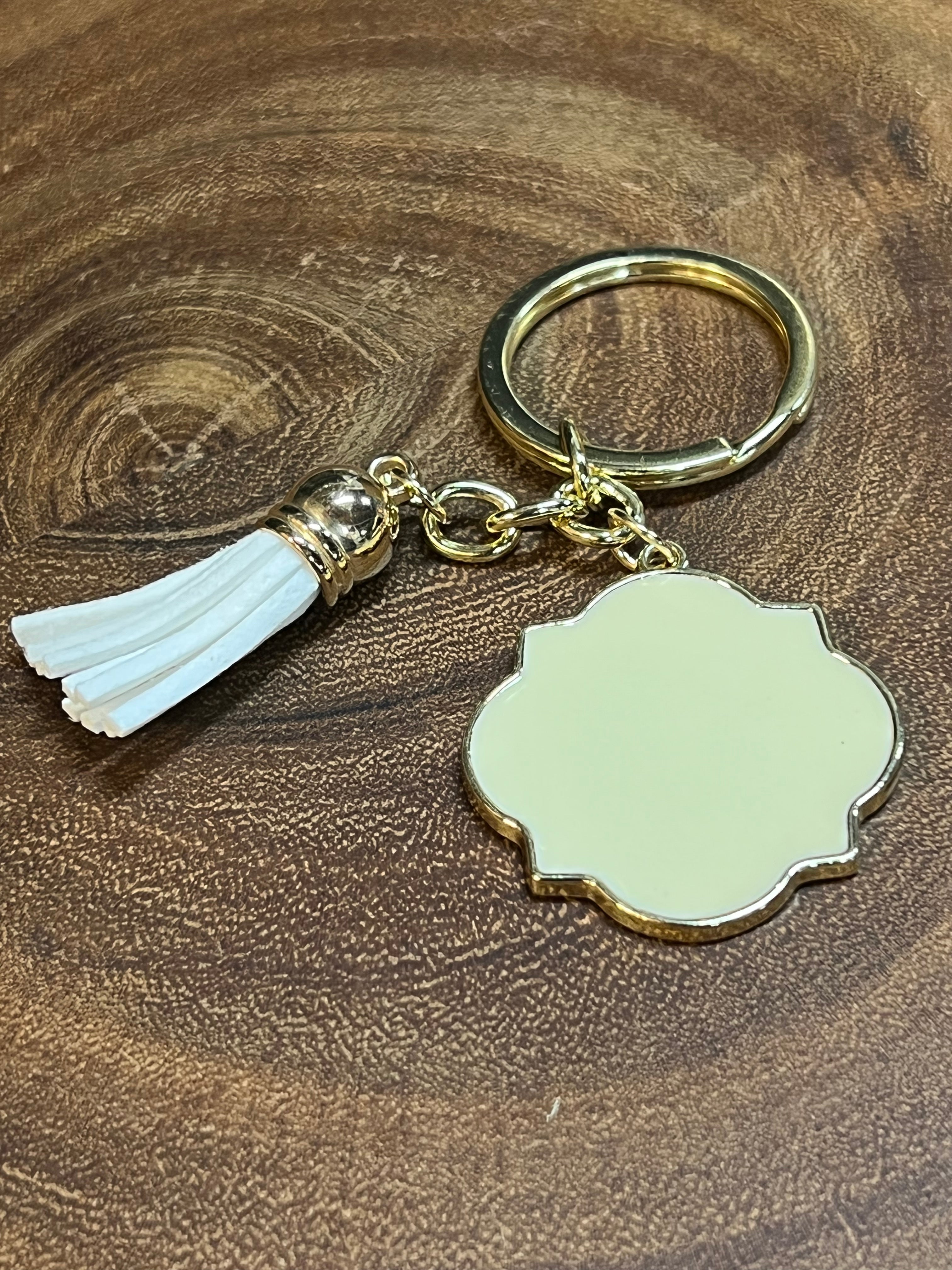 Antique White Enamel Disc Keyring with White Tassel