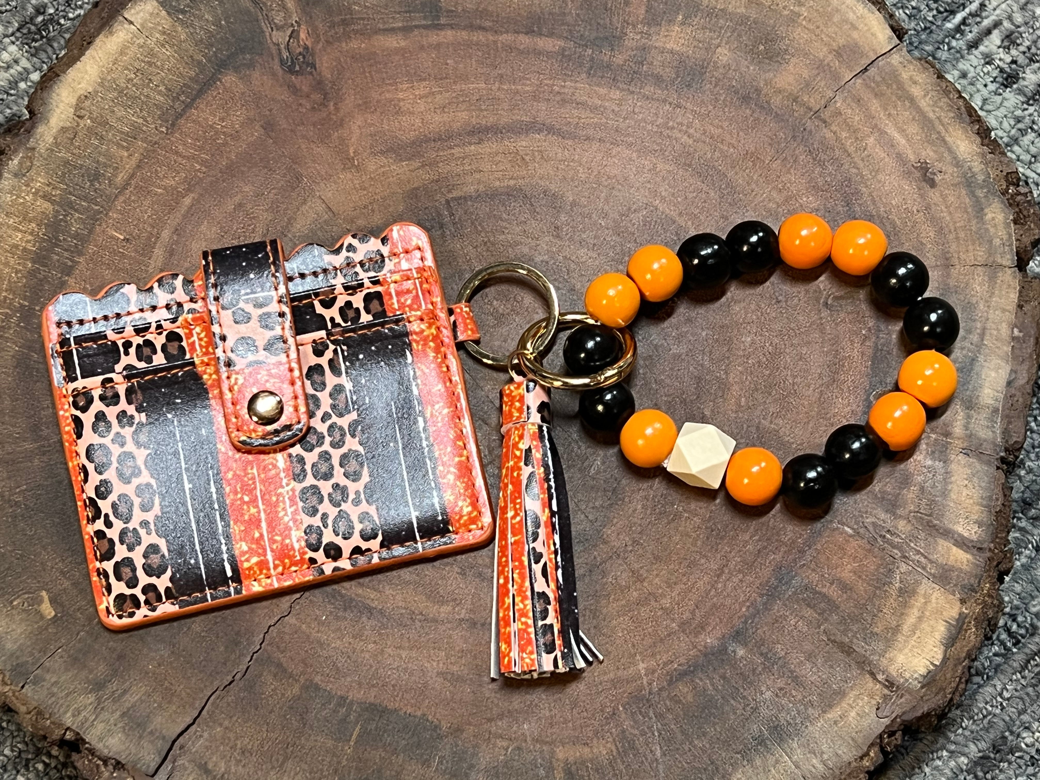 Wood Bead Bangle with Vegan Leather Credit Card - VBCC - Orange / Black / Leopard