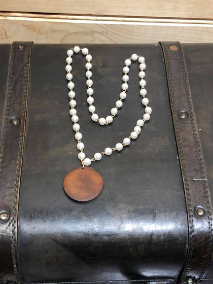 Pearl Necklace with Brown Wood Disc
