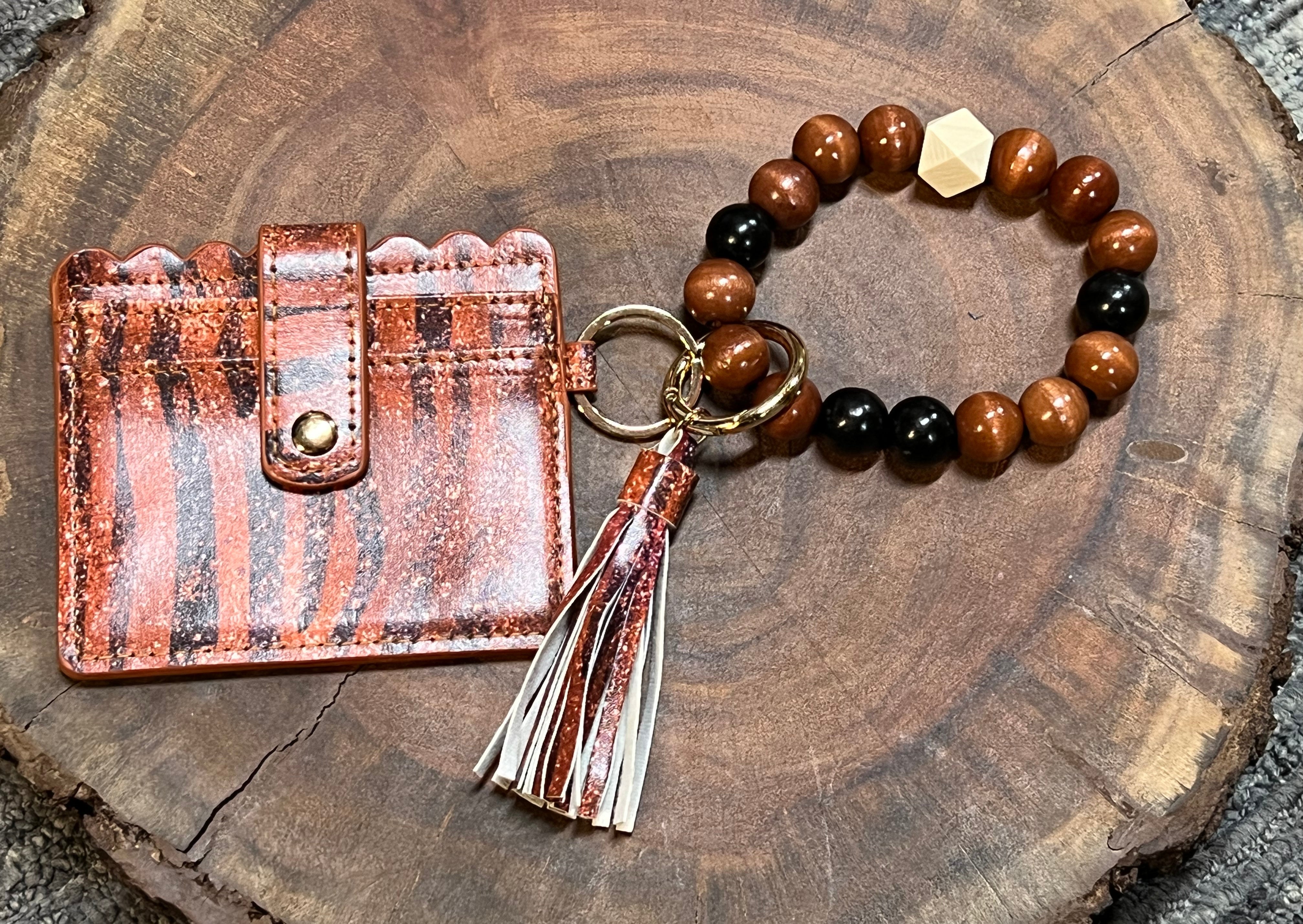 Wood Bead Bangle with Vegan Leather Credit Card - VBCC -Brown / Black Zebra stripe