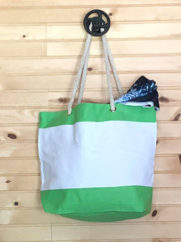 Wide Stripe Beach Tote with Rope handle - Green