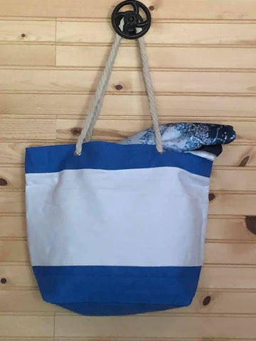 Wide Stripe Beach Tote with Rope handle - Blue