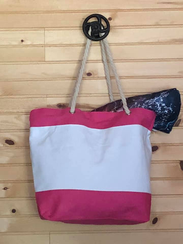 Wide Stripe Beach Tote with Rope handle - Pink