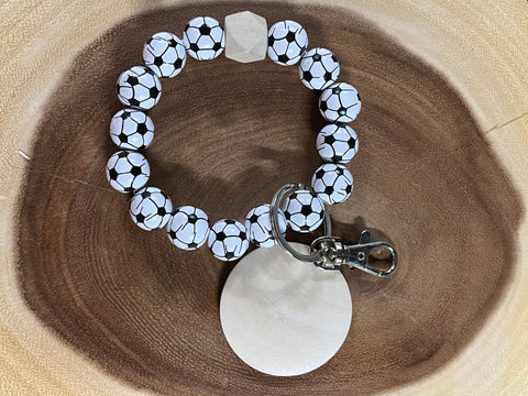 Wood Soccer with Monogram Wood Disc Bead Bracelet Keyring