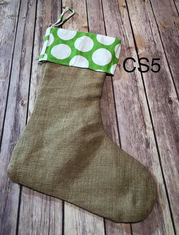Christmas Stocking - CS5 - Green with White Circles Cuff Real Burlap stocking