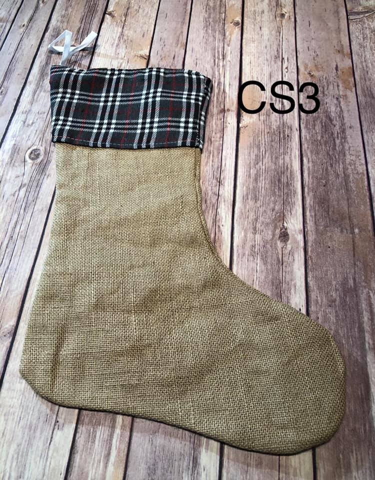 Christmas Stocking - CS3 - Grey/Black/White Plaid Cuff Real Burlap stocking