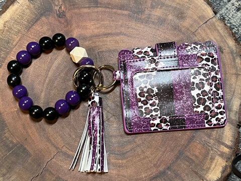 Wood Bead Bangle with Vegan Leather Credit Card - VBCC - Purple / Black / Leopard