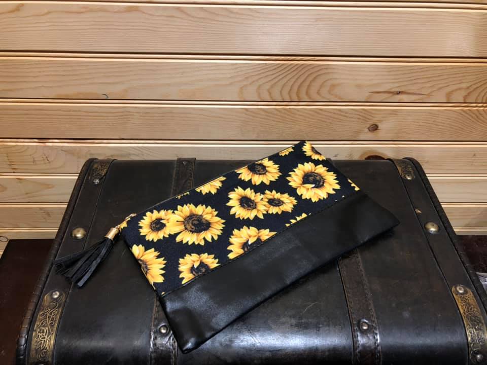 Sunflower Makeup Bag with Vegan Leather Bottom