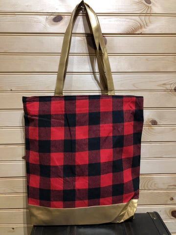 Tall Tote - Red Buffalo with Gold Vegan Leather Strap and Bottom